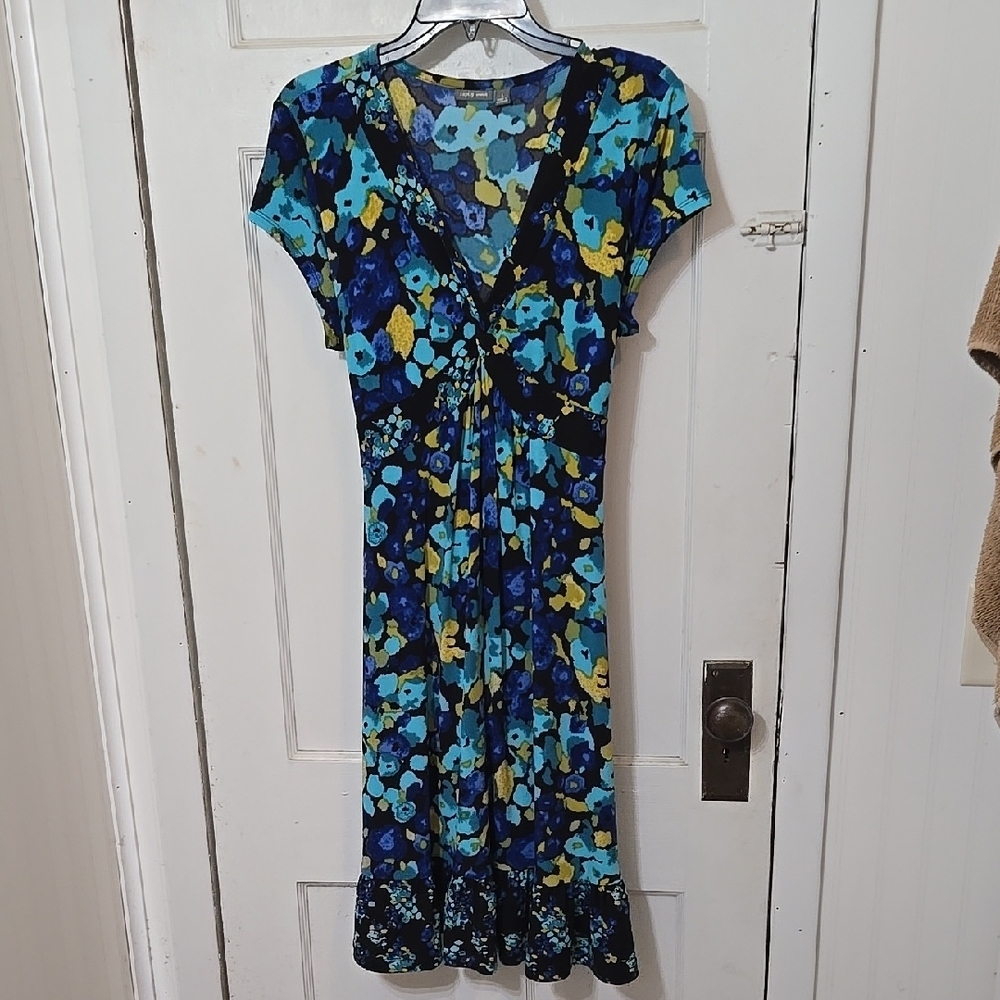 APT 9 STRETCH Rayon Floral Blue BLACK and GOLD Women's Dress Very Good Condition